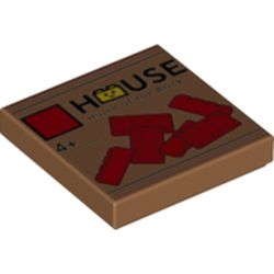 LEGO part 3068bpr0461 Tile 2 X 2 With Groove With The Lego House Logo And Red Bricks Print in Medium Nougat