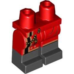 LEGO part 21019c00pat004pr2049 Legs and Hips with Black Boots Pattern, Black and Gold Trim, Gold Tassel Print in Bright Red/ Red