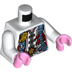 LEGO part 973c27h43pr5537 Torso Tunic with Medium Blue Utility Harness with Hot Dogs, Chopsticks, and Gold Pig Badge Print, White Arms, Bright Pink Hands in White