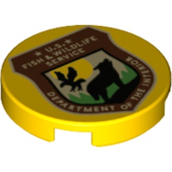 LEGO part 14769pr1188 Tile Round 2 x 2 with Dark Red Shield, Wolfe, Eagle, 'U.S. FISH & WILDLIFE SERVICE' print in Bright Yellow/ Yellow