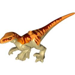LEGO part 77711pr0002 Animal, Dinosaur, Atrociraptor with Orange Top, Dark Red Stripes print in Brick Yellow/ Tan