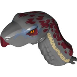 LEGO part 78421pr0001 Animal Body Part, Dinosaur, Therizinosaurus Head with Dark Red Markings print in Dark Stone Grey / Dark Bluish Gray