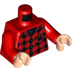 LEGO part 973c22h02pr5638 Torso Shirt, Plaid, Dark Blue Undershirt Print, Red Arms, Light Nougat Hands in Bright Red/ Red