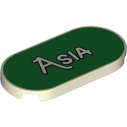 LEGO part 66857pr0018 Tile Round 2 x 4 with 'Asia' on Green Background print in Glow in Dark White
