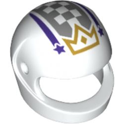 LEGO part 2446pr9998 Minifig Standard Helmet with Dark Purple Shooting Stars, Gray Checks, and Gold Crown Print in White