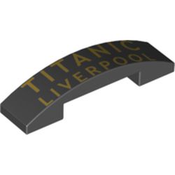LEGO part 93273pr0019 Slope Curved 4 x 1 Double with Yellow 'TITANIC LIVERPOOL' print in Black