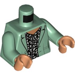 LEGO part 973c25h13pr5665 Torso Jacket, Open over White and Dark Bluish Gray Patterned Shirt Print, Sand Green Arms, Flesh Hands in Sand Green