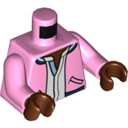 LEGO part 973c43h19pr5666 Torso Letterman Jacket, Open over White Tunic Print, Bright Pink Arms, Reddish Brown Hands in Light Purple/ Bright Pink