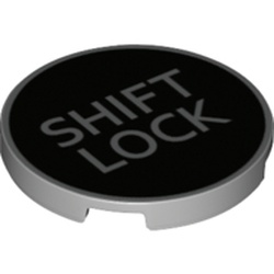 LEGO part 67095pr0009 Tile Round 3 x 3 with 'SHIFT LOCK' on Black Background Print in Medium Stone Grey/ Light Bluish Gray