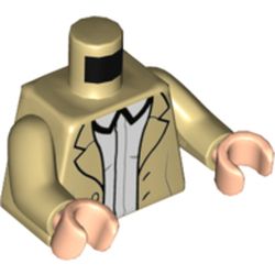 LEGO part 973c26h02pr5673 Torso Jacket with Buttons, Open over White Shirt Print, Tan Arms, Light Flesh Arms in Brick Yellow/ Tan