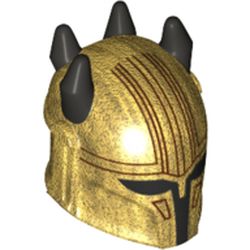 LEGO part 79515pr0002 Minifig Helmet Mandalorian with Holes and Black Spikes/Horns with Black Visor, Dark Red Lines print in Warm Gold/ Pearl Gold