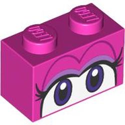 LEGO part 3004pr0098 Brick 1 x 2 with Eyelashes, Dark Purple/White Eyes print in Bright Purple/ Dark Pink