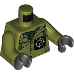 LEGO part 973c20h03pr5771 Torso Jacket, Pockets, Buttons, Black Tag with White ? in Target Circle Print, Olive Green Arms, Black Hands in Olive Green