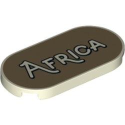 LEGO part 66857pr0023 Tile Round 2 x 4 with 'Africa' on Dark Tan Background print in Glow in Dark White