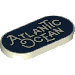 LEGO part 66857pr0024 Tile Round 2 x 4 with 'Atlantic Ocean' on Dark Blue Background print in Glow in Dark White
