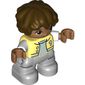 Duplo Figure Child with Short Wavy Hair Dark Brown, Light Bluish Gray Legs, Letterman Jacket Print