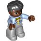 Duplo Figure with Thick Hair Combed Forward Black, Light Bluish Gray Legs, Jacket over Striped Sweater Print