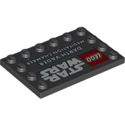 LEGO part 6180pr0023 Plate Special 4 x 6 with Studs on 3 Edges with 'LEGO STAR WARS Darth Vader Meditation Chamber' print in Black