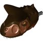 Animal Body Part, Dinosaur, Carnotaurus Head with Pin, White Teeth, Dark Brown Markings, Orange Eyes Print