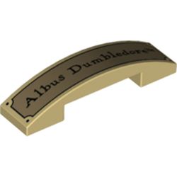 LEGO part 93273pr0018 Slope Curved 4 x 1 Double with No Studs with Dark Tan Sign, 'Albus Dumbledore' print in Brick Yellow/ Tan