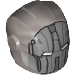 LEGO part 28631pr0390 Minifig Helmet with Armor Plates and Ear Protectors with White Eyes, Dark Bluish Gray Worn Patches Print in Silver Metallic/ Flat Silver