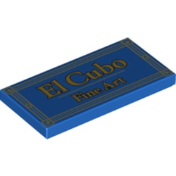 LEGO part 87079pr0261 Tile 2 x 4 with Gold 'EL CUBO FINE ART' print in Bright Blue/ Blue