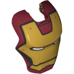 LEGO part 80580pr0009 Headwear Accessory Visor Top Hinge, Rounded, with Gold Armor with Rivets Print (Iron Man) in Dark Red