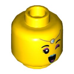 LEGO part 3626cpr3607 Minifig Head Chang'e, Gold Headdress with Dark Turquoise Jewel, Dark Turqiouse Lips, Stern / Right Eye Winking Print in Bright Yellow/ Yellow