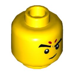 LEGO part 3626cpr3620 Minifig Head Nezha, Big Eyebrows, Red Forehead Markings, Stern  / Smirk with Raise Left Eyebrow Print in Bright Yellow/ Yellow