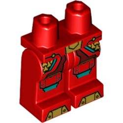 LEGO part 970c00pr2196 Legs and Hips with Dark Red, Gold, and Dark Turquoise Armor, Gold Toes Print in Bright Red/ Red