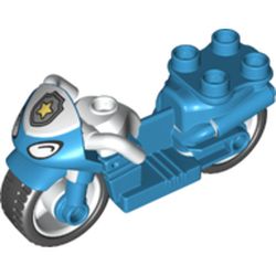 LEGO part 93702c01pr0014 Duplo Motorcycle with Rubber Wheels, White Handlebars, Police Badge, and Headlights Print in Dark Azure