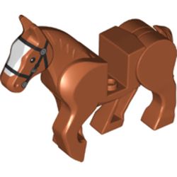 LEGO part 10509pr0008 Animal, Horse, Moveable Legs with Black Bridle and Wide White Blaze Print in Dark Orange