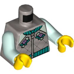 LEGO part 973c15h01pr5825 Torso, Jacket, Dark Turquoise Trim, Flowers Print, Light Aqua Arms, Yellow Hands in Silver Metallic/ Flat Silver