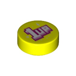 LEGO part 98138pr0279 Tile Round 1 x 1 with White/Pink '1 UP' print in Vibrant yellow