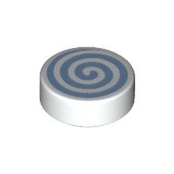 LEGO part 98138pr0277 Tile Round 1 x 1 with Bright Light Blue Spiral print in White