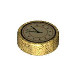 LEGO part 98138pr0256 Tile Round 1 x 1 with Clock/Watch print in Warm Gold/ Pearl Gold