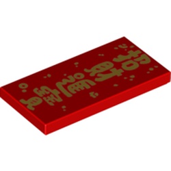 LEGO part 87079pr0267 Tile 2 x 4 with Golden Chinese Symbols 'Bringing in Wealth and Treasures' print in Bright Red/ Red