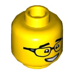 LEGO part 3626cpr3659 Minfig Head with Black Glasses, Thick Black Eyebrows, Big Smile/Crooked Glasses, Closed Eyes print in Bright Yellow/ Yellow