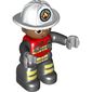 Duplo Figure with Helmet White, Black Legs, Safety Jacket with Reflective Stripes, Green Eyes, Stubble Print (Firefighter)
