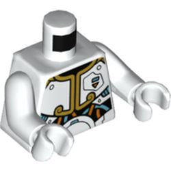 LEGO part 973c27h27pr5851 Torso Armor, Gold Trim, Coral and Dark Turquoise Circuitry Print, White Arms and Hands in White