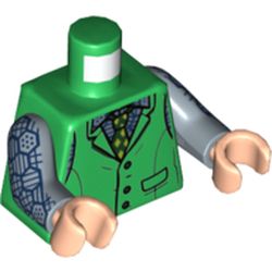 LEGO part 973c24h02pr5833 Torso Vest with Pockets and Buttons, and Lime Tie / Dark Blue Vest with Strap and Buckle Print, Sand Blue Arms with Hexagon Patches Print, Light Flesh Hands in Dark Green/ Green