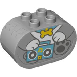 LEGO part 84212c02pr0001 Duplo Sound Brick 2 x 4 x 2 Rounded Ends with Dog Body Holding Stereo Print in Medium Stone Grey/ Light Bluish Gray