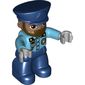 Duplo Figure with Police Style Hat Dark Blue, with Dark Blue Legs, Dark Brown Beard, Shirt with Police Badge and Radio Print