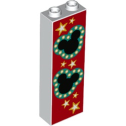 LEGO part 2454bpr0011 Brick 1 x 2 x 5 with Hollow Studs and Bottom Stud Holder with Symmetric Ridges with Black Hidden Mickeys, with Dark Turquoise Border, Stars and Red Background Print in White