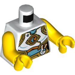 LEGO part 973c01h01pr5863 Torso Armor with Gold Trim, Medium Azure Belly, Crescent Moon Emblem Print, Yellow Arms and Hands in White