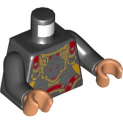 LEGO part 973c03h13pr5874 Torso Armor, Ornate with Silver, Gold, and Dark Red Panels Print, Black Arms, Flesh Hands in Black
