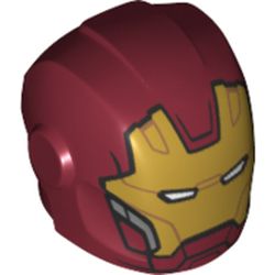 LEGO part 28631pr0369 Minifig Helmet with Armor Plates and Ear Protectors with Gold Mask with White Eye Slits Print (Iron Man) in Dark Red