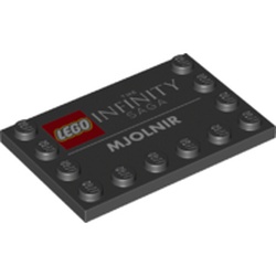 LEGO part 6180pr9997 Plate Special 4 x 6 with Studs on 3 Edges, LEGO Logo, 'THE INFINITY SAGA', and 'MJOLNIR' Print in Black