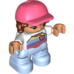 LEGO part 72152pr0058 Duplo Figure Child with Long Hair and Cap Coral, Bright Light Blue Legs, Striped Shirt with Heart Print in White