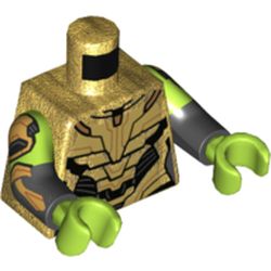 LEGO part 973g18c03h18pr0001 Torso, Dual Molded Arms, Black Armor Plating print,  with Lime Sleeves Pattern,Black Arms, Lime Hands [Plain] in Warm Gold/ Pearl Gold